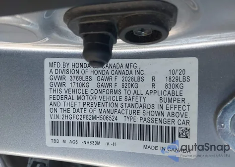 2021 Honda Civic Sport из США, поврежденный, VIN 2HGFC2F82MH506524